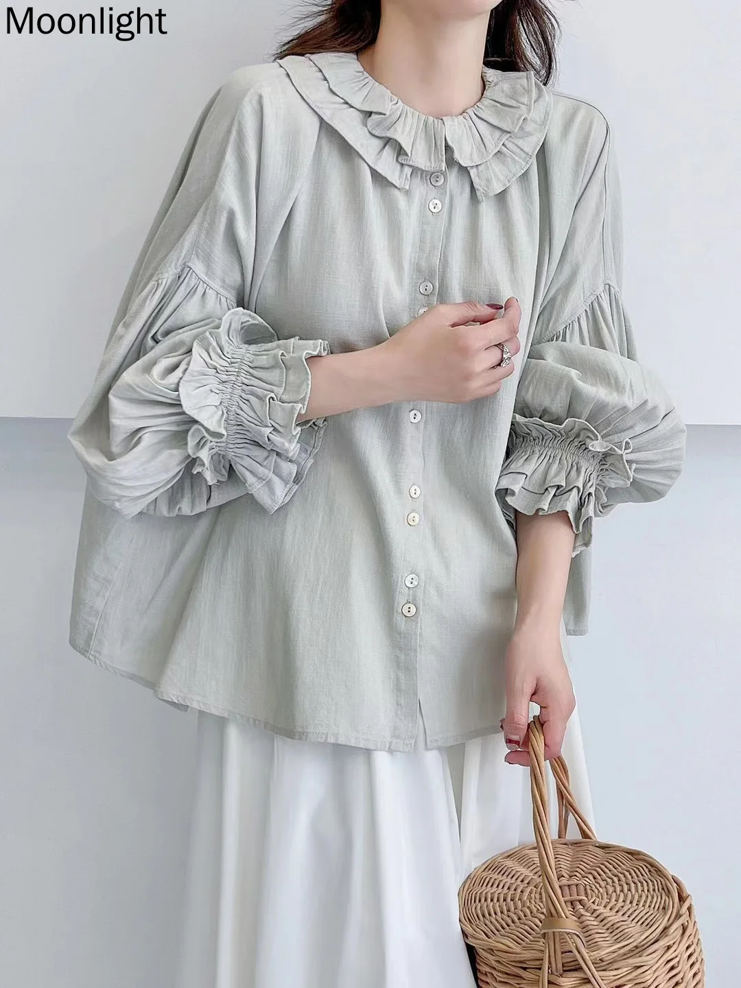 Retro French Chic Style Women Tops Sweet Mori Girl Doll Collar Cotton Linen Shirt Female Loose Wide Lantern Sleeve Female Blouse