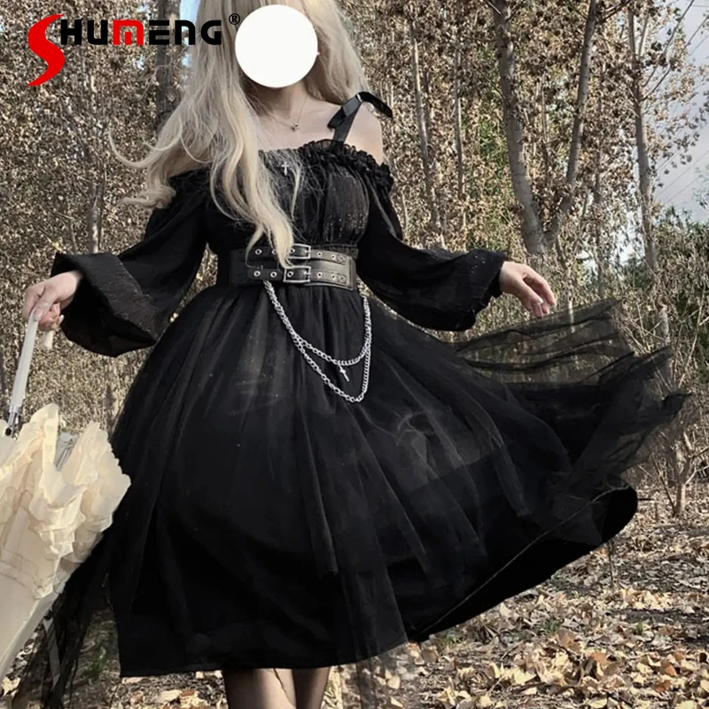 

Original Black Gothic Cos Large Size Lolita Dress for Women High Waist Slim Dark Mesh Patchwork Knee-Length Y2k Dress Vestidos