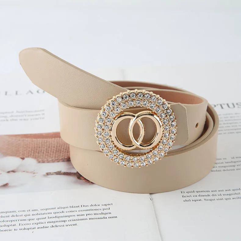 2024 New Elegant Double Circle Water Diamond Button Women's Belt Simple and Fashionable Jeans Dress Decorative Women's Belt