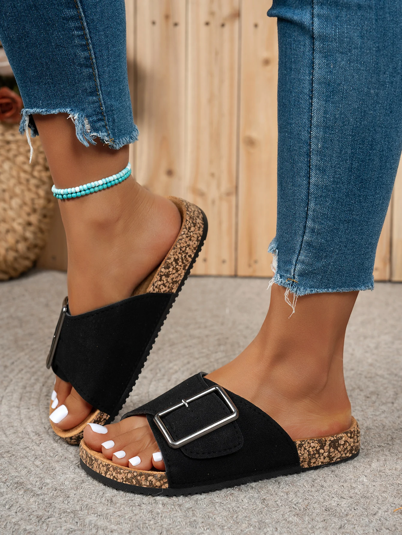 Women's Summer Spring and Autumn Casual Simple Large Buckle Suede Upper Soft Wood Grain Comfortable Flat Heel Slip-On Beach Slippers image 5