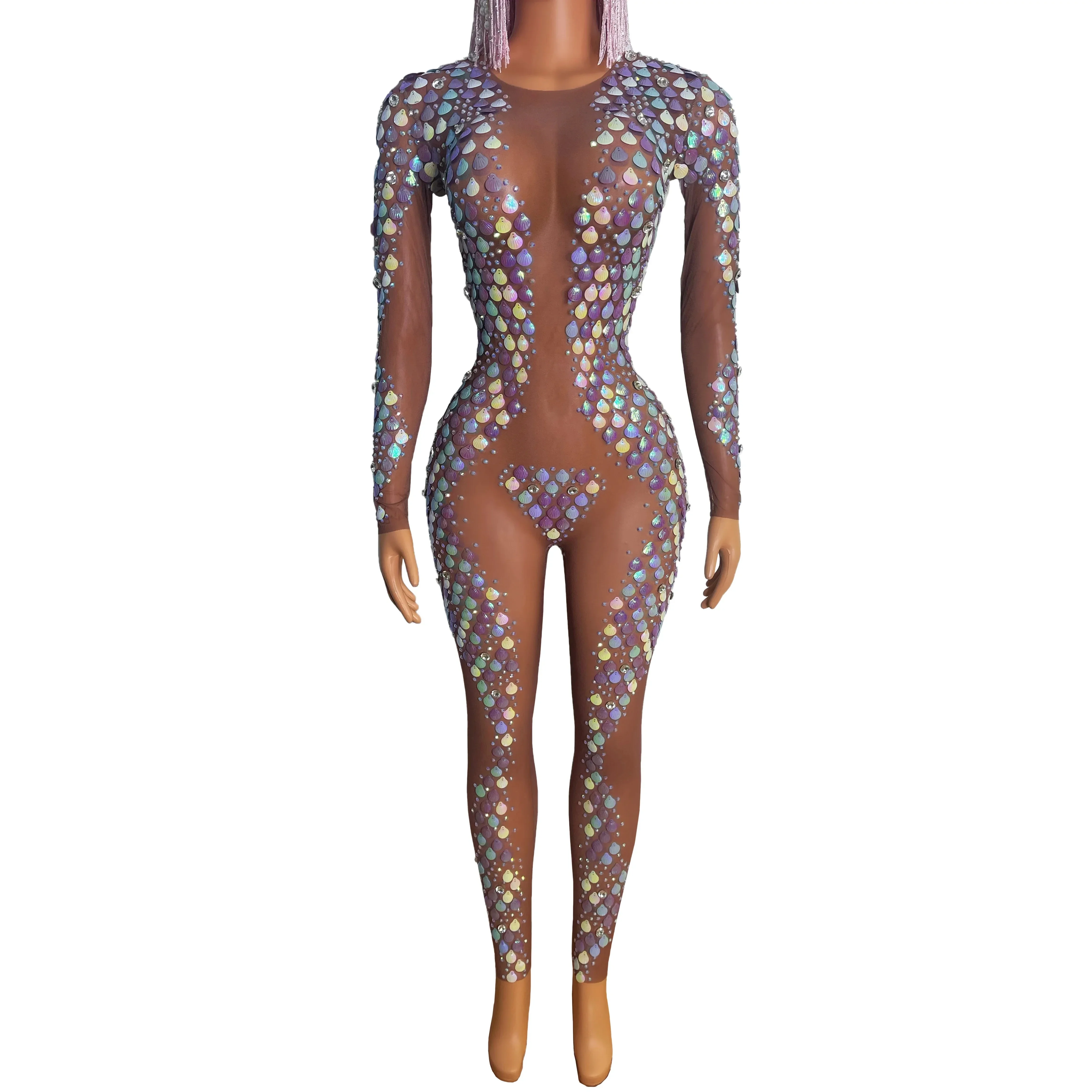 2025 Sexy Transparent Shell Jumpsuit Pole Dance Costume Singer Dancer Stage Wear Nightclub Bar Dj Ds Gogo Dance Bodysuit yj041