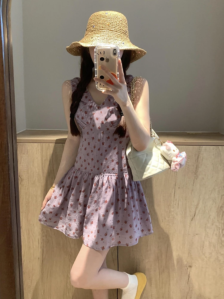 Summer 2025 Women's V-ne Svel Floral Print Vest Dr A-line ort Skirt Slimming Effect Sweet Sle Polyester Fiber