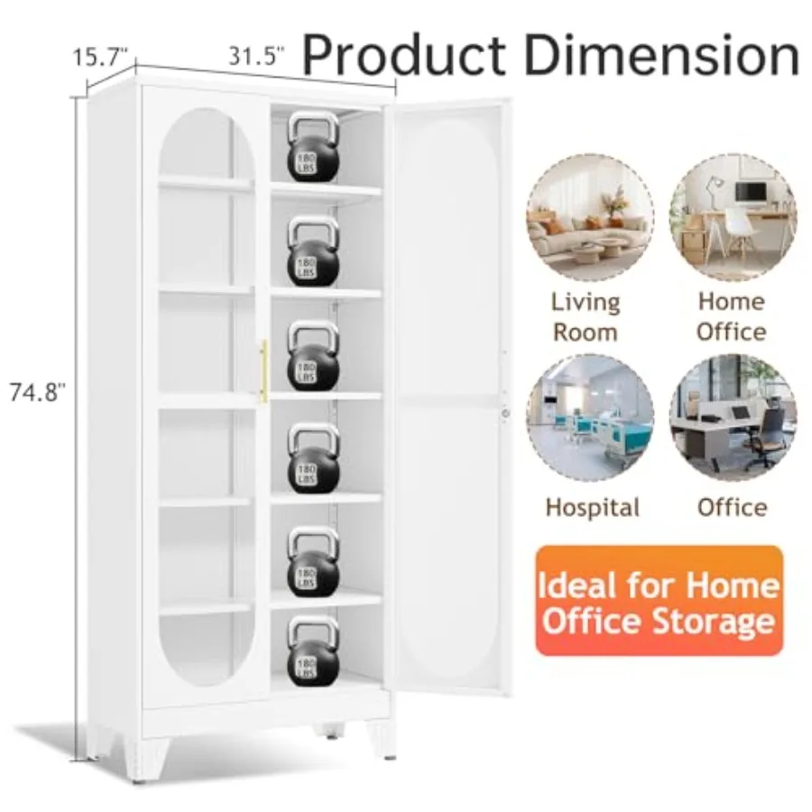 75 H locking display cabinet for living room/bedroom/kitchen/bar, metal, black, tempered glass door with 5 adjustable shelves