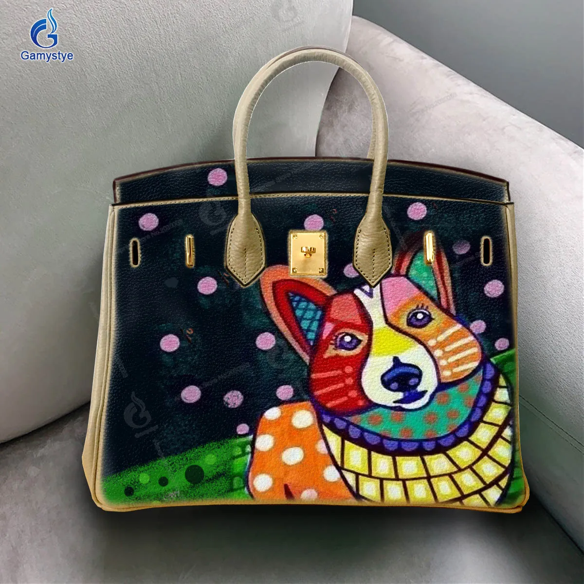 

Personalizar bolso Art Hand Painted Cute little dog Bags Ladies purses and handbags Messenger Clutch Totes Real Cowskin Leather