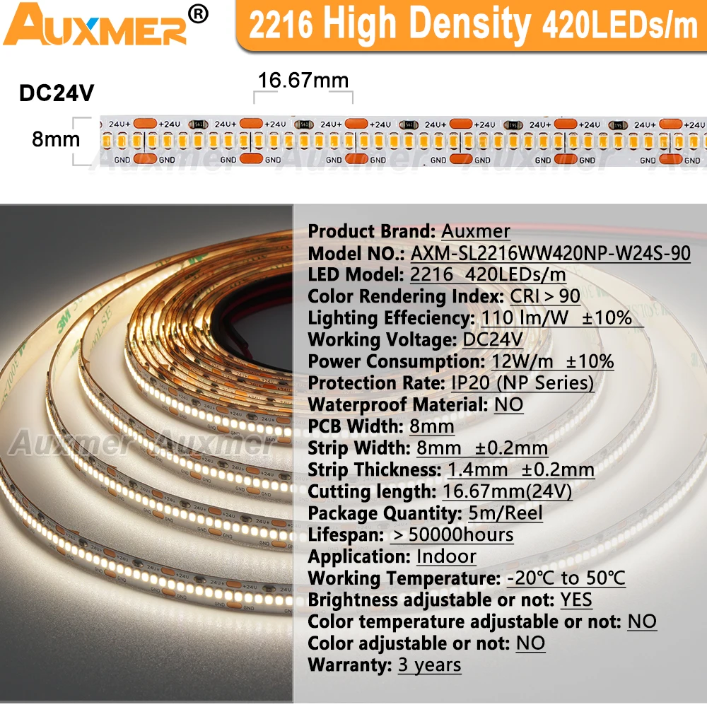 2216 LED Strip Light,High Density 420LEDs/m,12W/m CRI90,8mm PCB,DC24V 2100LEDs/Reel Dimmable LED Lights for Room