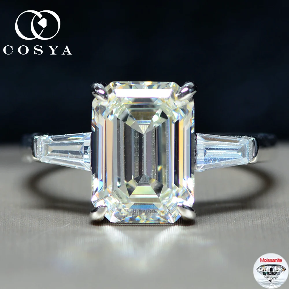 

COSYA 4.5CT 8*11MM Emerald Cut Moissanite Diamond Ring For Women 100% S925 Silver Sparkling 3 Stone Wedding Band Jewelry