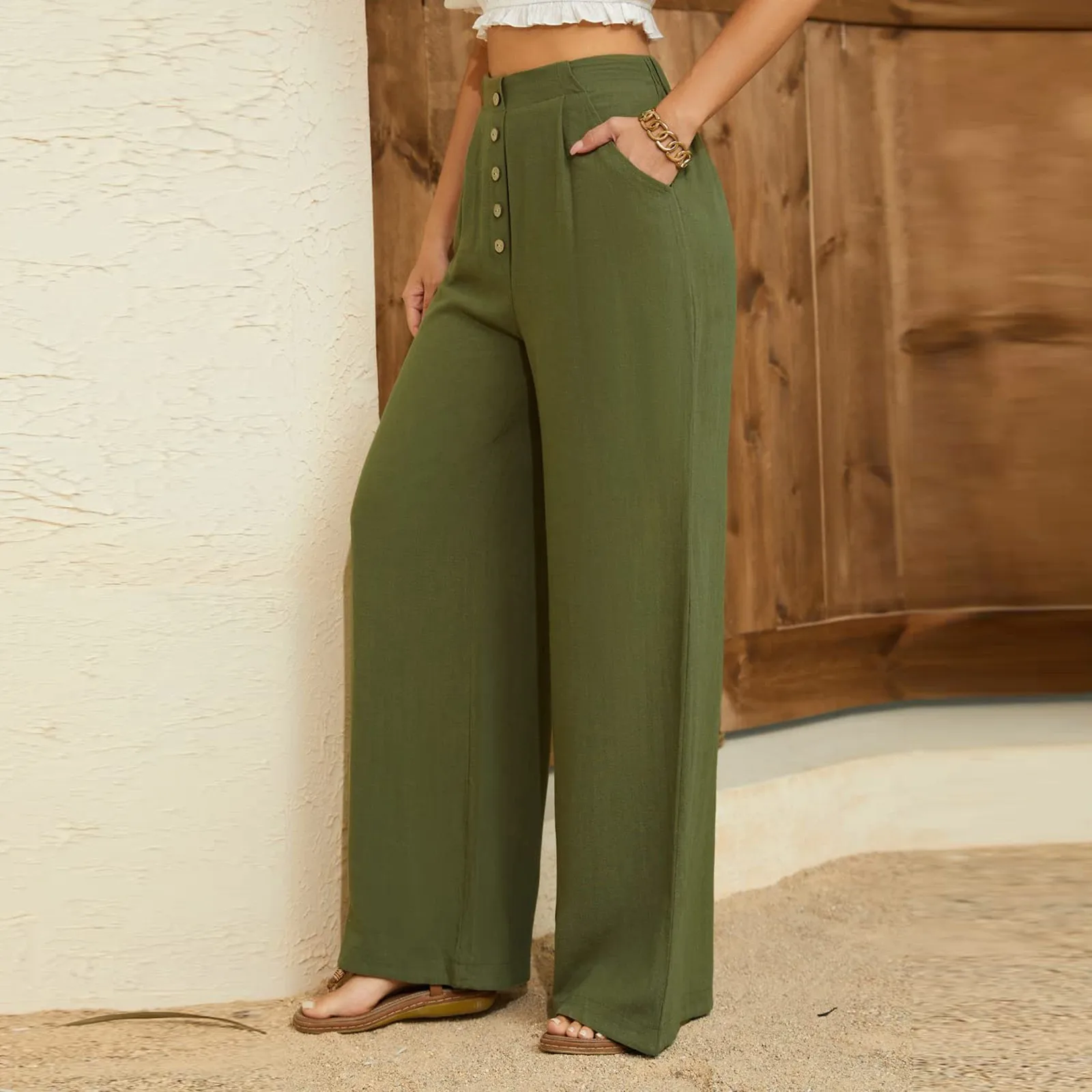 Pants For Women Summer Autumn Flowy Cotton Wide Leg Palazzo Pants Long Slacks High Waist Button Trousers Female Trousers