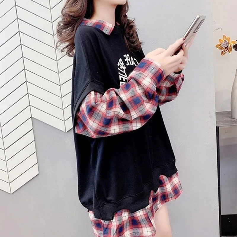 Women\'s Clothing Printing Plaid Patchwork Turn-down Collar Long Sleeve Pullovers Fashion Loose Young Style Streetwear T-Shirts