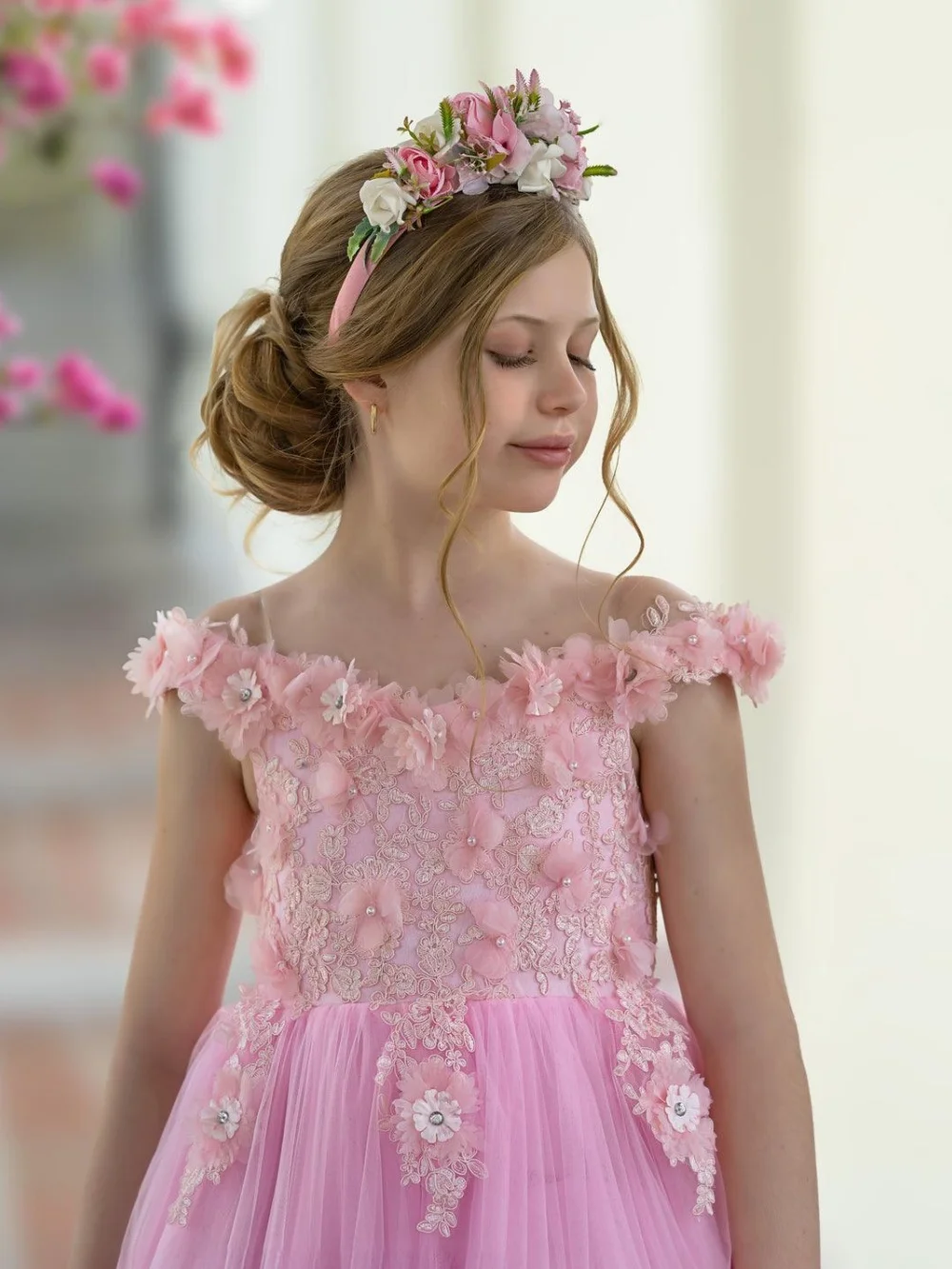 Flower Girls Dresses For Wedding Delicate Elegant 3D Floral Kids Princess Gown For Party Lace Off Shoulder A-line Long Gowns