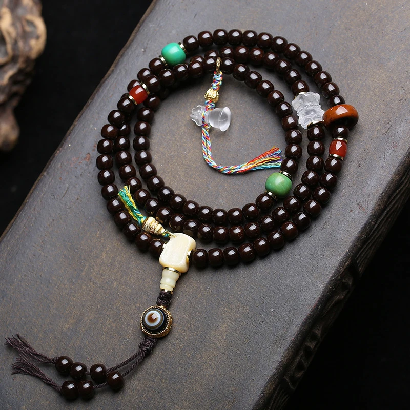 Natural coconut shell 108-piece Buddhist prayer beads multi-loop bracelet with red agate, purple gold bowl, and white crys