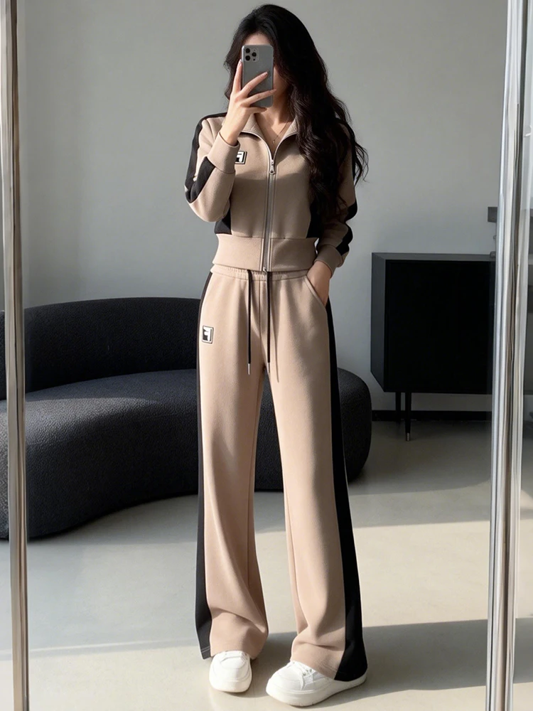 

Spring Casual High Waist Suit Women's Sweatirt Wide Leg Pants Trendy Comfortable Cotton Warm Midweight Zipper Closure