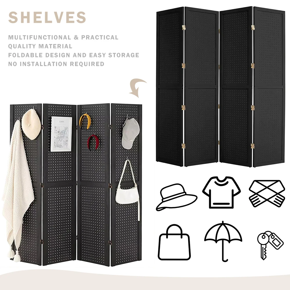 Wooden Pegboard Wall Organization Rack 4 Panel Folding Pegboards Display Stand for Living Room Office Storage Holder Organizer