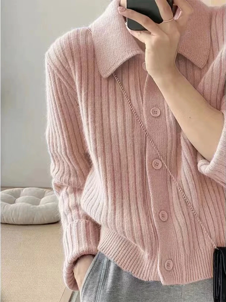 Autumn and Winter New Cashmere Sweater Women\'s Clothing Long Sleeved Top 100% Wool POLO Collar Knitted Cardigan Fashion Korean