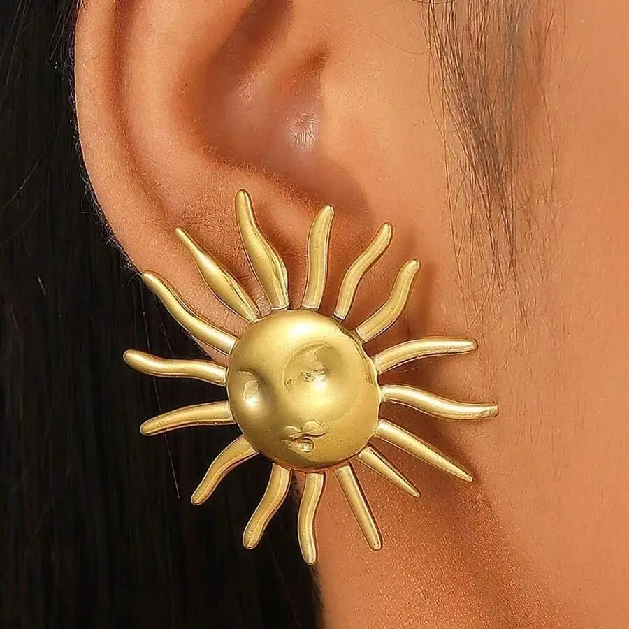 Stainless Steel Human Face Sun Stud Earrings for Women Gold Color Wedding Aesthetic Irregular Sun Earring Jewelry Accessories