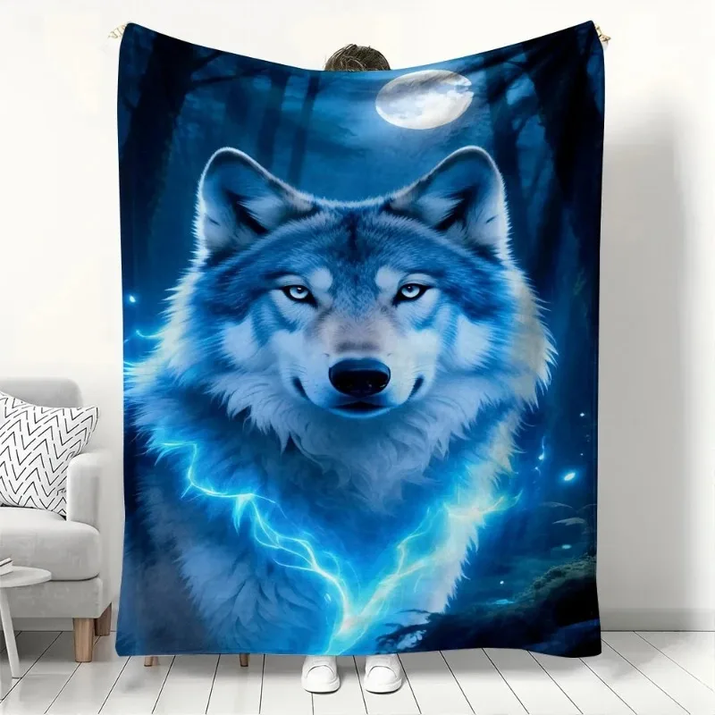 

Mystic Blue Wolf Moonlight Print Flannel Blanket Soft Cozy Warm Throw Blanket for Sofa Bed Home Decor Blanket Gift for Kids