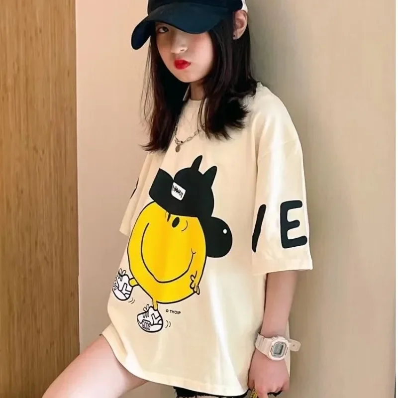 2023 Summer Girls Fashion Cartoon Long T Shirt Baby Teenage Kids Tops Children Streetwear Big Girls Clothes Cotton 5-14Years