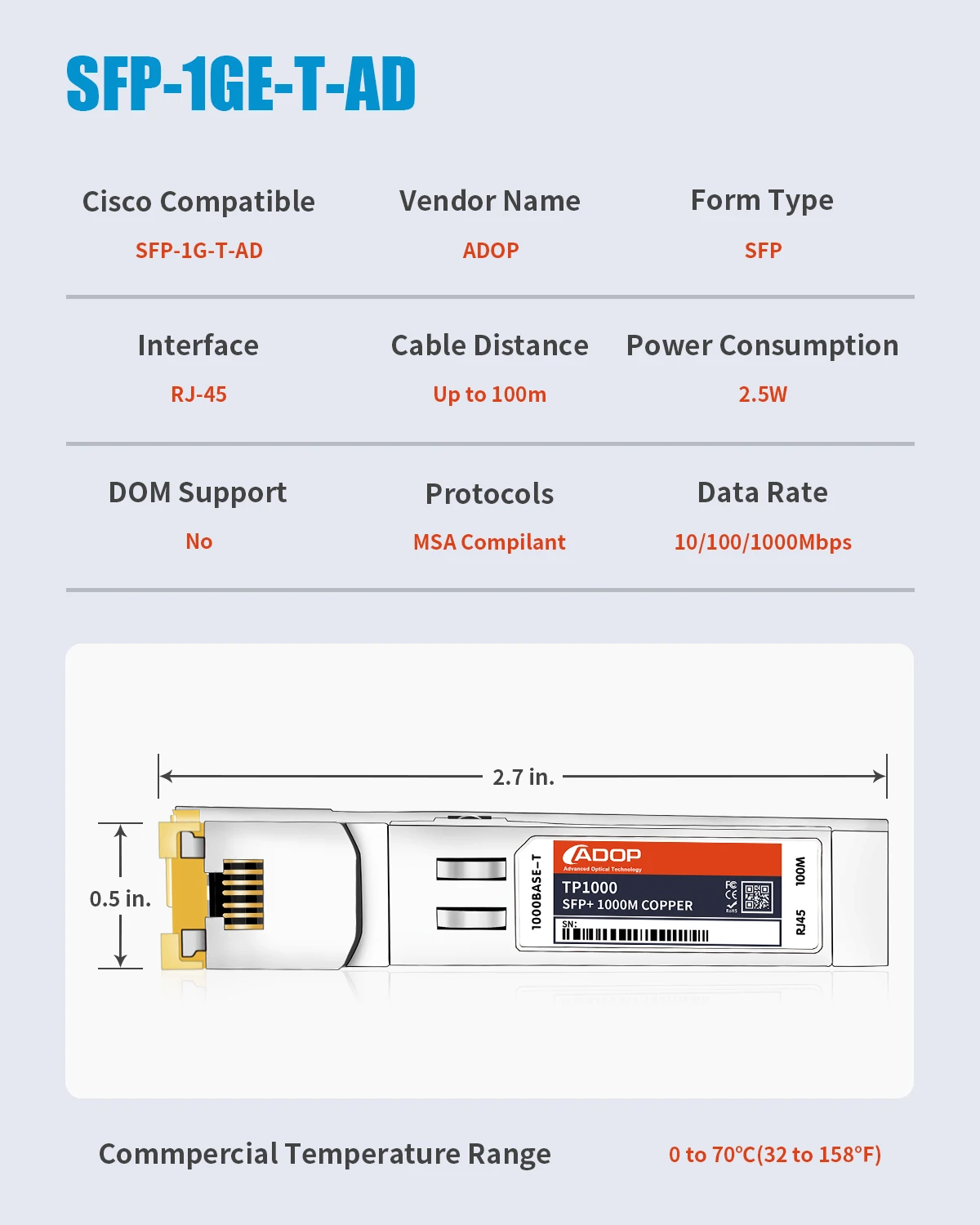 ADOP SFP to RJ45 Copper Module - 1.25G SFP-T, 1000BASE-T Mini-GBIC Gigabit Transceiver for Cisco GLC-T/SFP-GE-T up to 100m