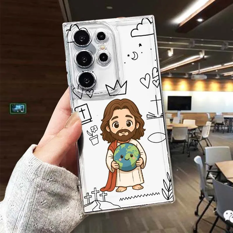 

Jesus cartoon style pattern For Samsung Galaxy S25 S24 S23 S22 S21 S20 S10 Lite Plus FE Edge TPU 5G Transparent Phone Case