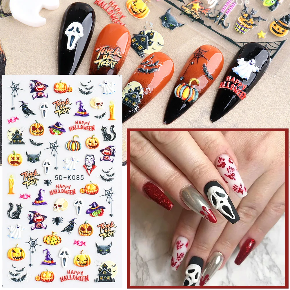 1 Stück Halloween-Nagelkunst-Aufkleber, 5D-geprägt, Kürbis und Totenkopf, Cartoons, Fledermaus-Spitze, Nagelflicken für festliche Maniküre, Halloween-Nagel