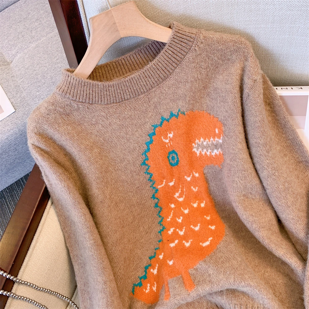 Donne Khaki Pullover Modello Dinosauro O-Collo Maglione Harajuku Vintage Y2k Oversize Cashmere Maglione Giapponese 2000s Vestiti 2025