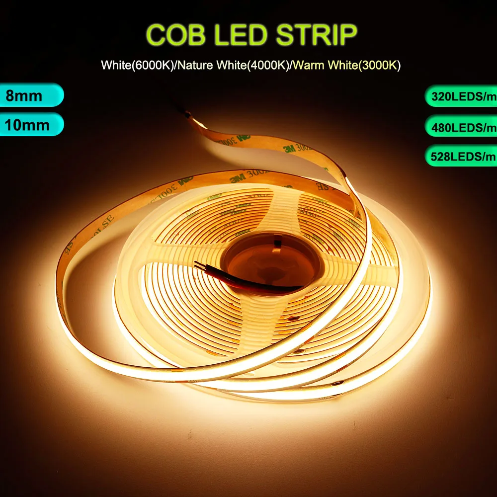 COB LED Light Strip 3000-6500K RA90 Led Lights 320 480 528LEDs/m High Density Flexible Tape Ribbon Red Green Blue  DC5V/12V/24V