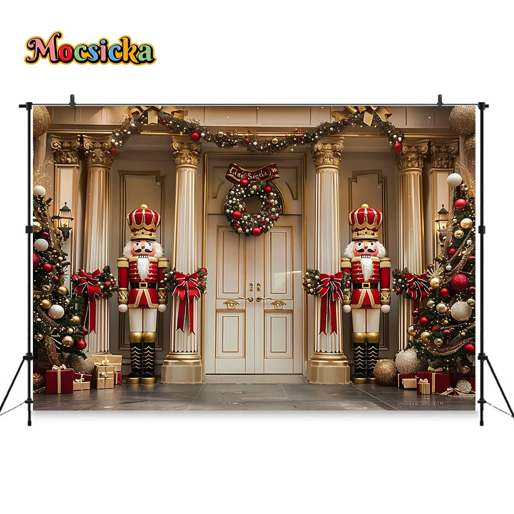 Christmas Photography Background Golden Palace Door Nutcracker Soldiers Backdrop Decor Xmas Tree Holiday Party Studio Photocall