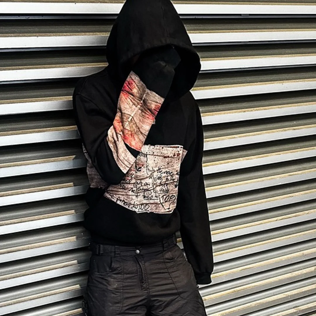 Sudadera con capucha gótica Y2K streetwear de gran tamaño para otoño invierno con mangas estampadas retro