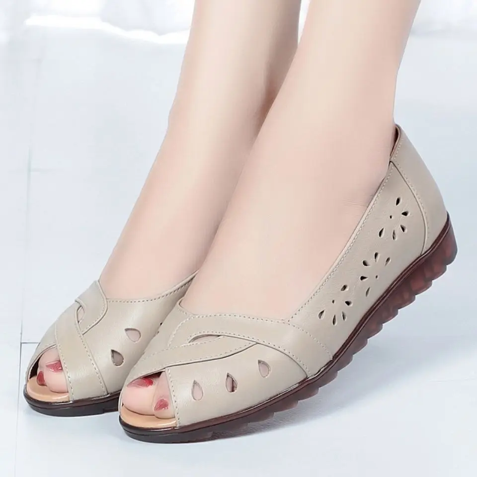 Fashion Peep Toe Summer Women Sandals 2022 Breathable Hollow Out Wedge Leather Moccasins Soft Ladies Shoes