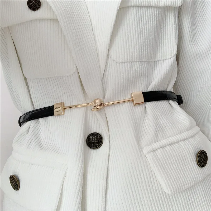 Korean genuine leather women's thin belt fashion alloy one bead buckle matching dress luxurious women's waist chain