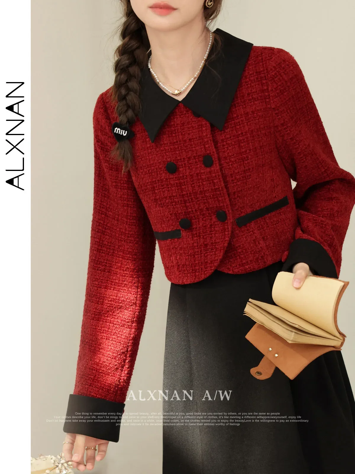 ALXNAN Fake Two Piece Dresses for Women Elegant Tweed A-line Patchwork Lapel Collar Long Sleeve Dress 2024 Fall Winter LXN329109