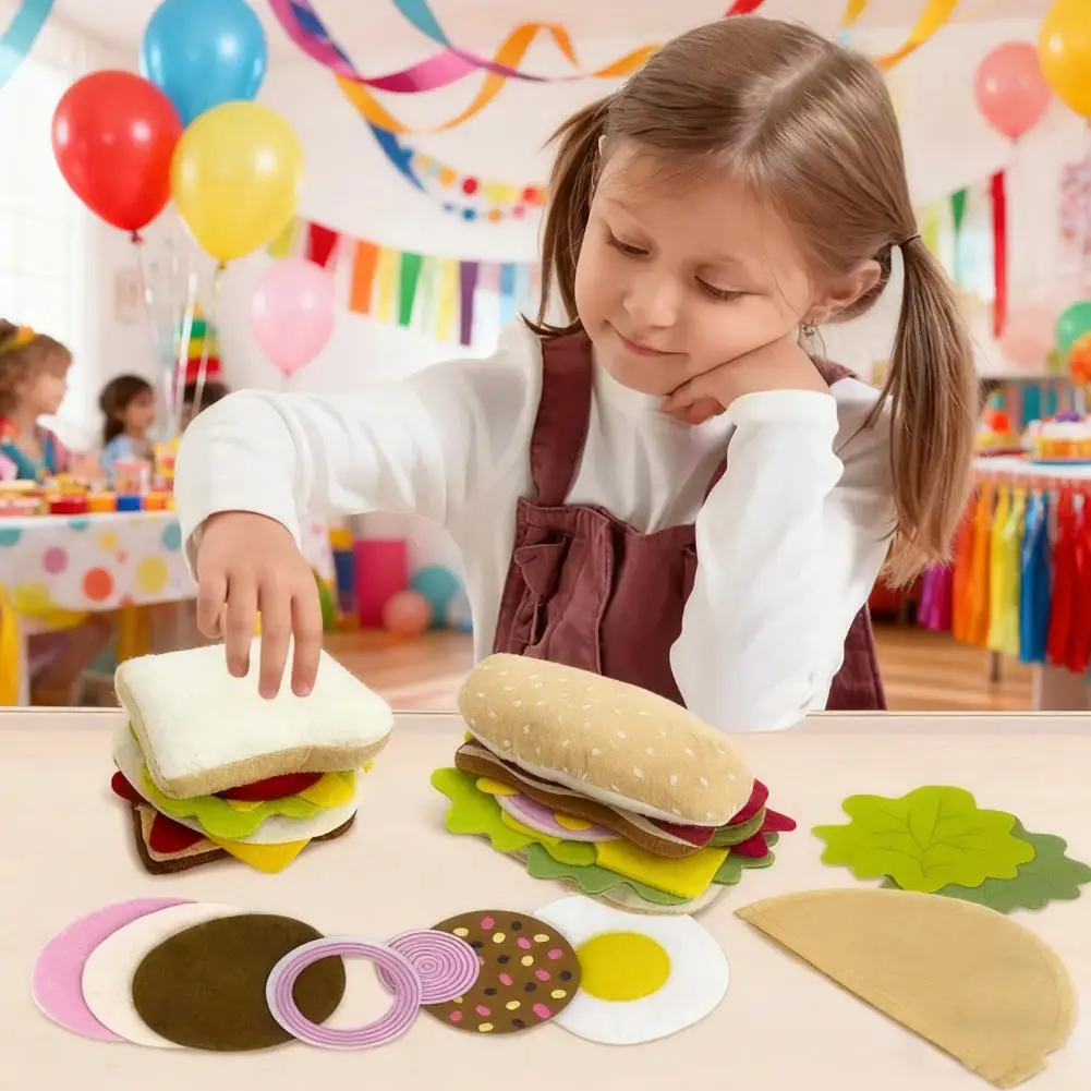 28 Pcs/Set Soft Felt Play Food Set Hamburger Sandwich Stacking Toy with Beef Steak Vegetables Pretend Play Food Kids Kitchen Toy