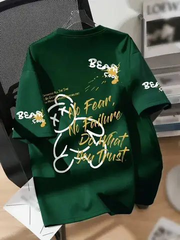 Summer men's round neck breathable T-shirt with cartoon bear print pattern suitable for daily and weekend gifting to friends