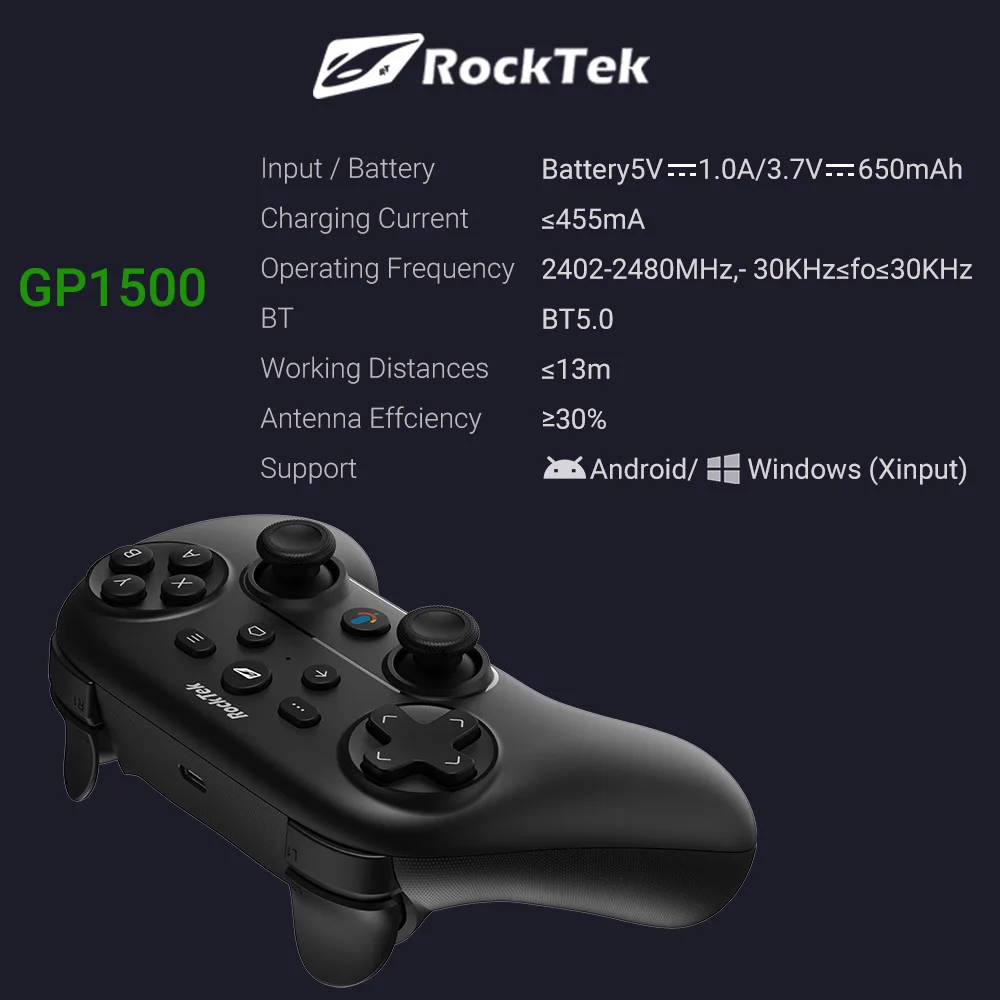 RockTek GP1500 Gamepad with BT and Wired Dual Mode Force Feedback Working with Google Certificated Box TV Stick Dongle Android