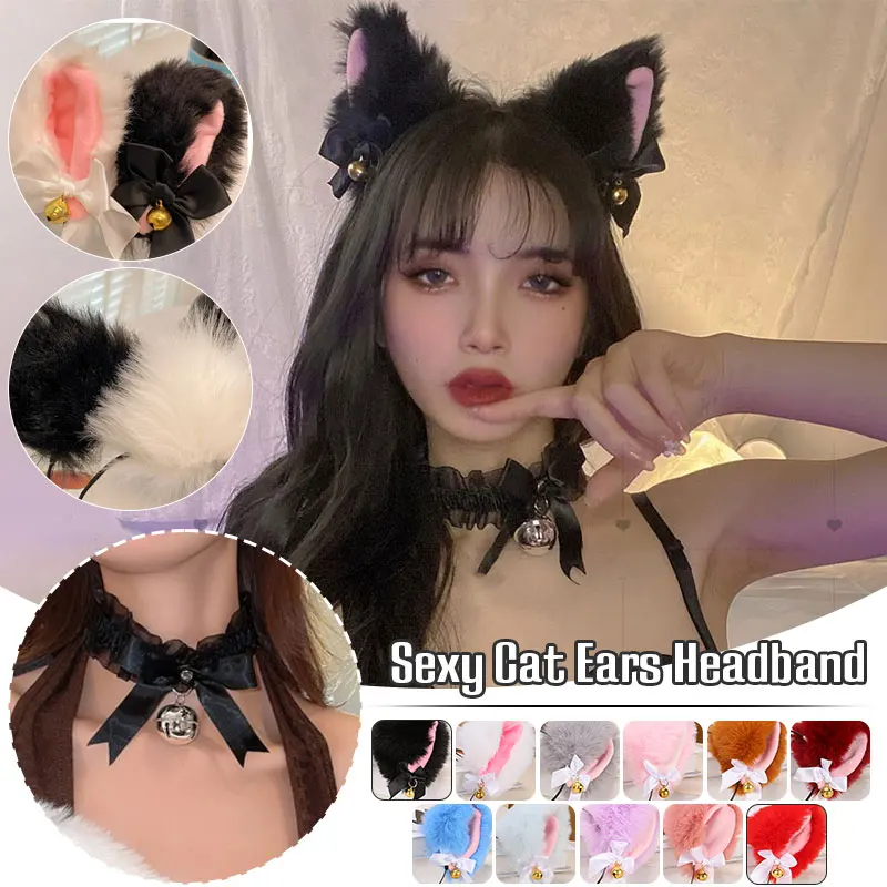 Plush Rabbit Sexy Cat Ears Headband for Women Girls Lace Bow Necklace Plush Bell Hairband Cosplay Masquerade-Party Costume Hair