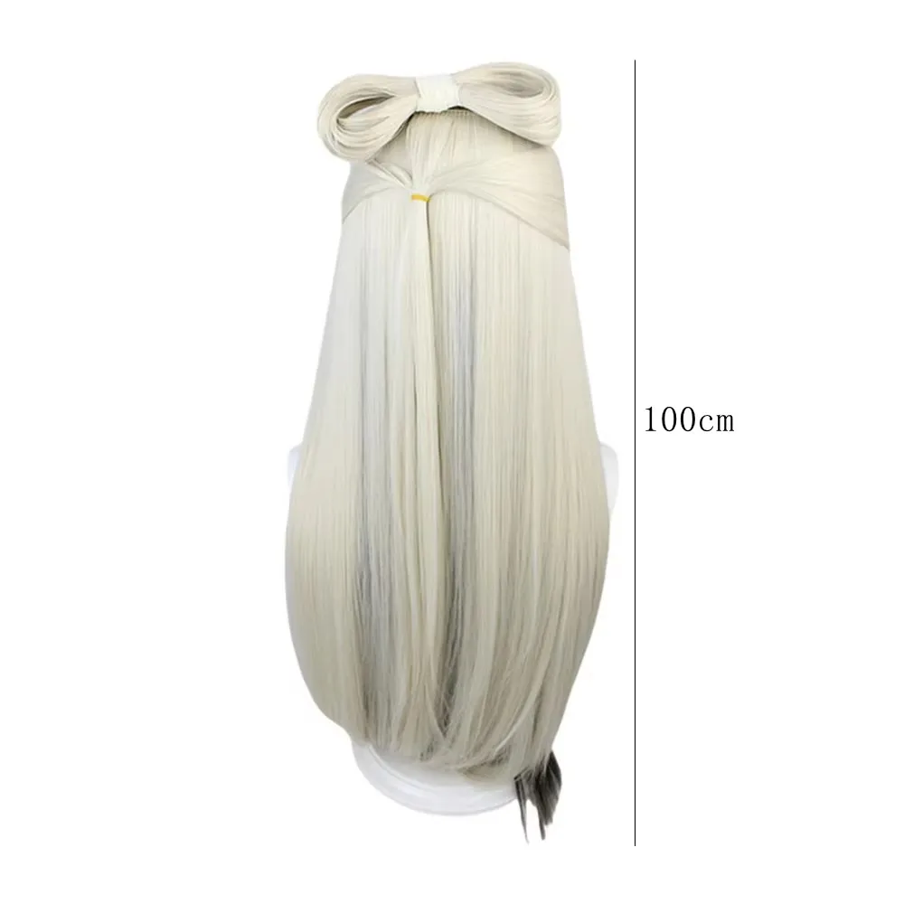Cream White to Charcoal Brown Tonal Blend Long Wig with Dual Top Knot Structures and Frontal Drop Strands Heat Resistant