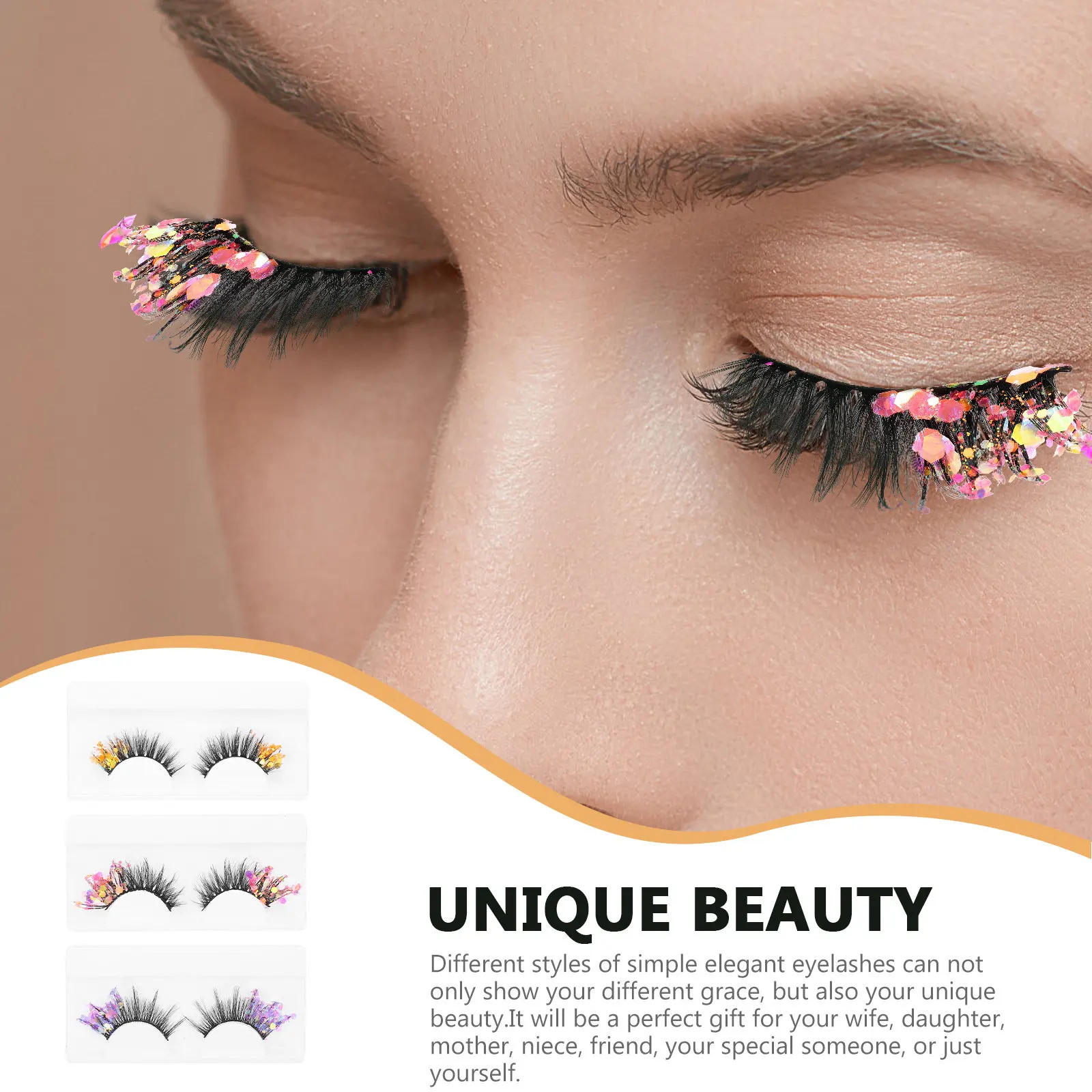 3Pairs False Eyelashes Glitter Colored Fluorescent 3D Fake Lashes Natural Look Cosplay Party Makeup Long-Lasting Artificial