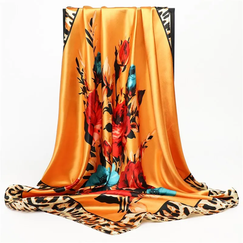 90CM Kerchief Silk Satin Four Seasons Square Beach Stoles Luxury Print Sunscreen Shawls Wraps Hijab Popular Bandana Accessores