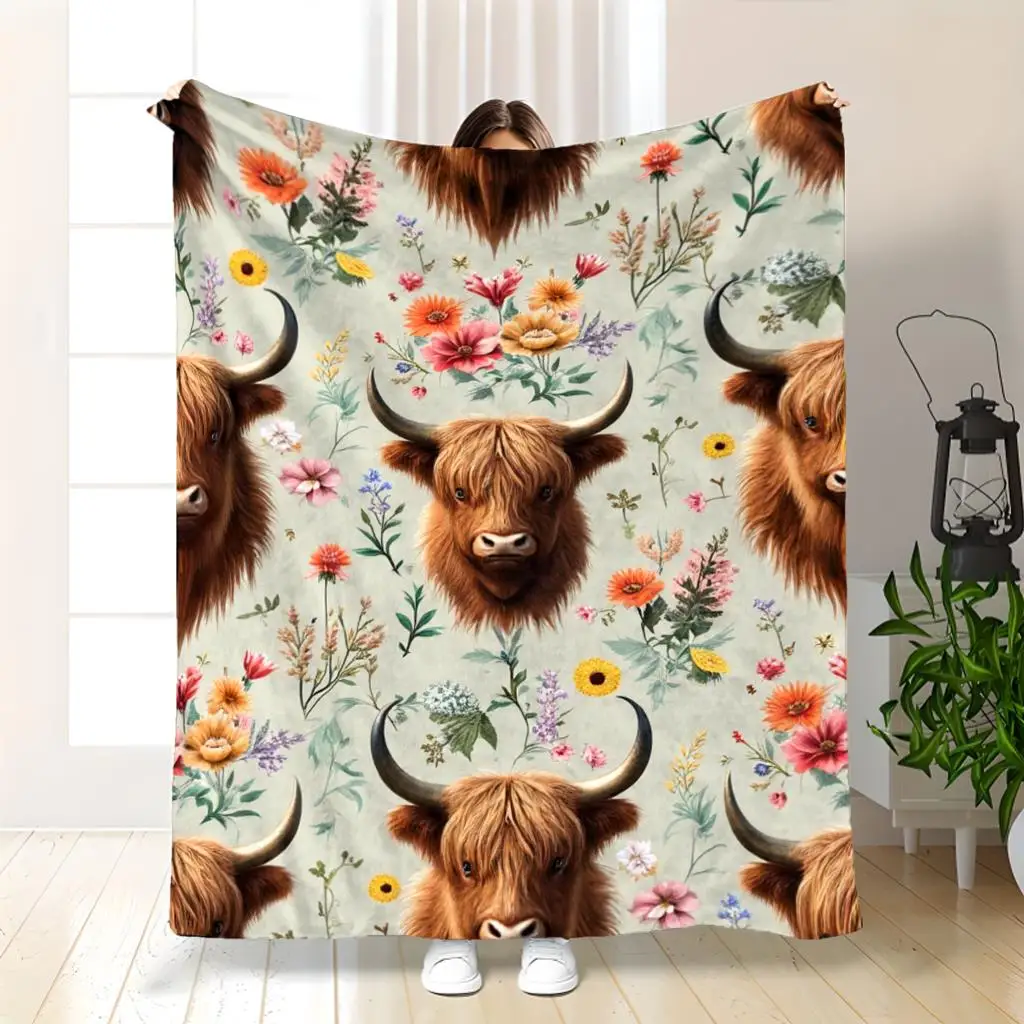 Highland Cow Blanket Cute Scottish Bull Faces With Floral Pattern Soft Fleece Throw Cozy Home Decor Gift For Animal And Nature