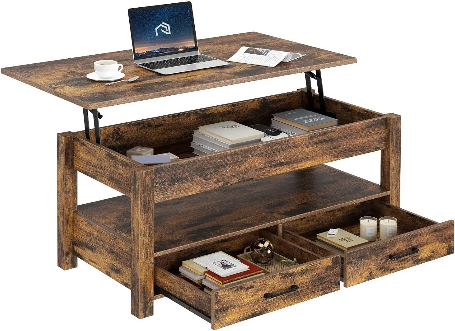 

Coffee Table, Lift Top Coffee Table with Drawers and Hidden Compartment, Retro Central Table with Wooden Lift Tabletop