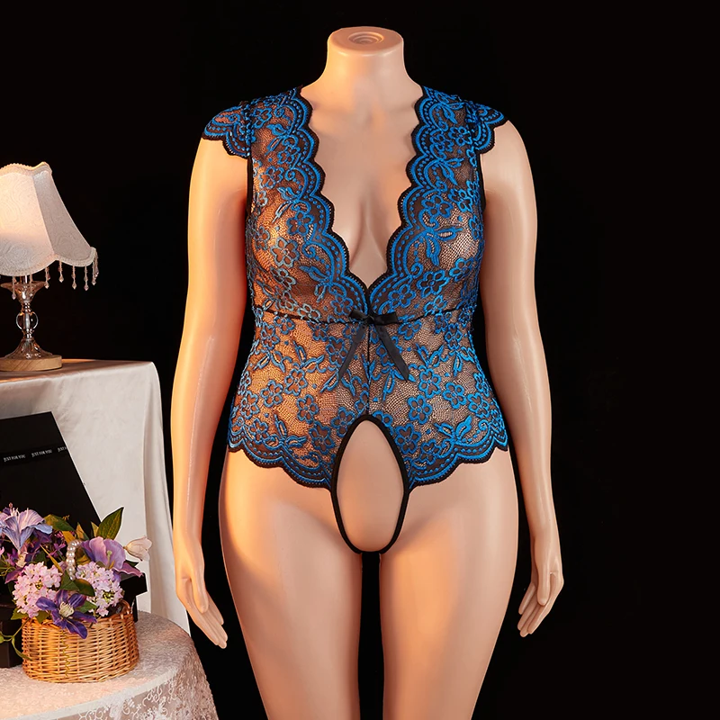 Crotchless Sexy Women's Backless Deep V Color Blocking Lace See Through Hollow Out Bodysuit Plus Size Women's Lingerie Clothing - Image 3