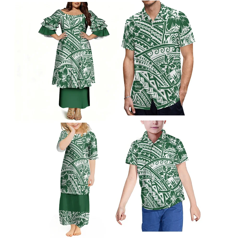 

High-Quality Tribal Design Women'S And Girls' Puletasi Dress - Polynesian Custom Family Wear - Men'S Boys' Casual Shirt
