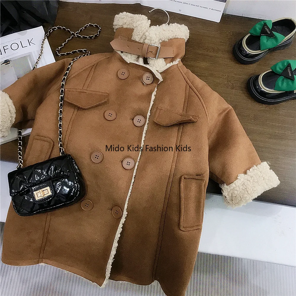 

Корейская версия, новое зимнее меховое пальто с воротником-стойкой для девочек, детское теплое пальто средней длины с подкладкой, размер 90-140 см