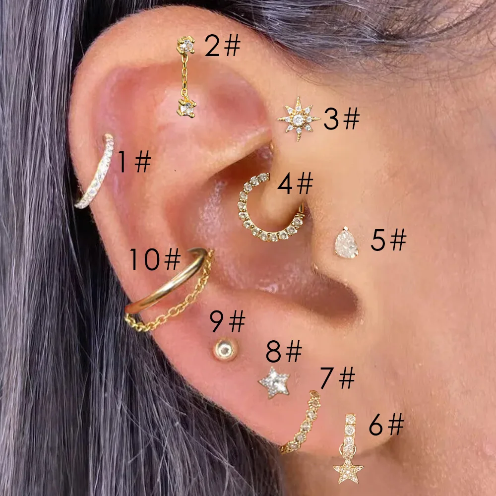 1pc Stainless Steel Helix Daith Star Clicker Ring With Chain Earrings for Women Lobe Tragus Snug Ear Piercing Earings Jewelry