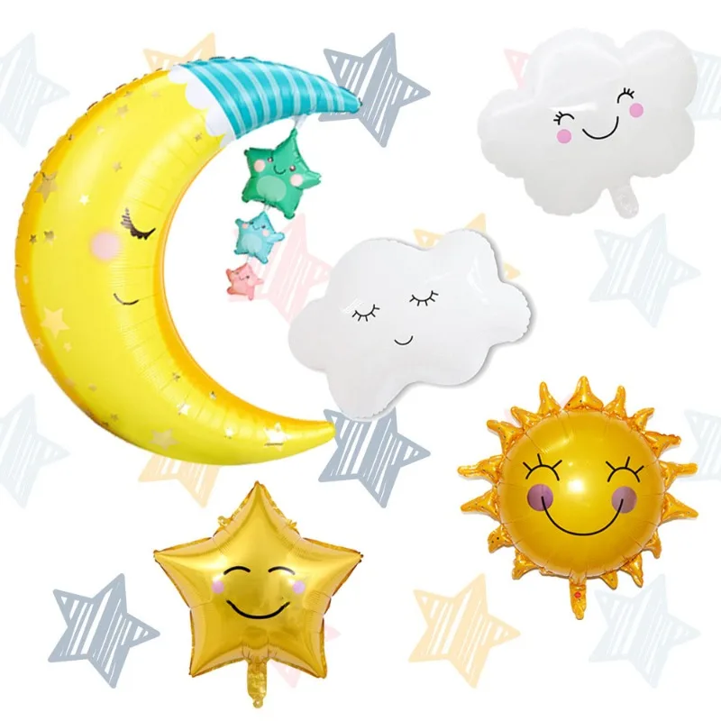 

Мультяшные облака, солнце, луна, звезды, воздушные шары из алюминиевой фольги, украшения для дня рождения, дома, вечеринки, реквизит для фотосессии, поставка