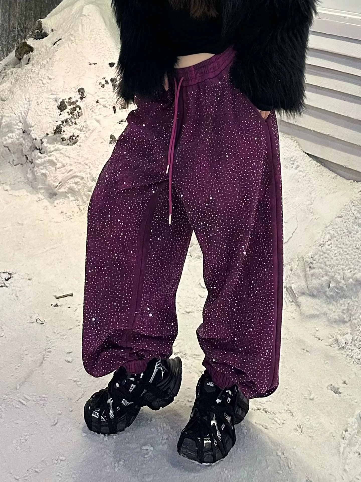 

Женские зимние брюки с высокой талией, утепленные флисом, на шнурке, с бриллиантовой отделкой, свободные, стройнящие, длинные