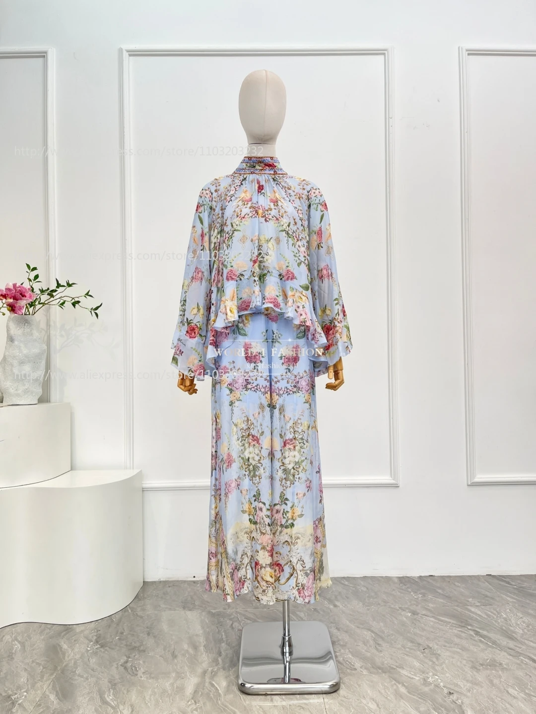 

Женская синяя блузка с цветочным принтом, комплект из топа и брюк, 2021, шелковая повседневная одежда с длинными рукавами, неровным подолом и оборками