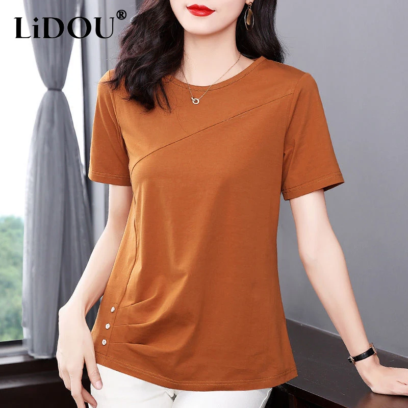 

2023 Summer Fashion Elegant Comfortable All-match T-Shirts Women Round Neck Short Sleeve Button Pleated Loose Casual Pullovers