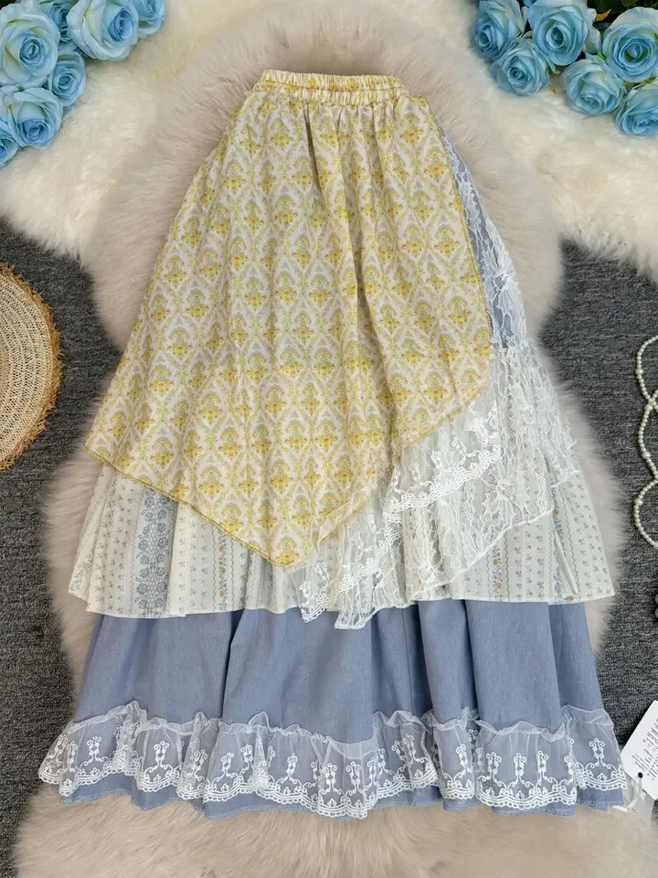 New 2026 Women Printed Patchwork Skirt Summer Trend Elastic Waist A-line Cake Long Skirt