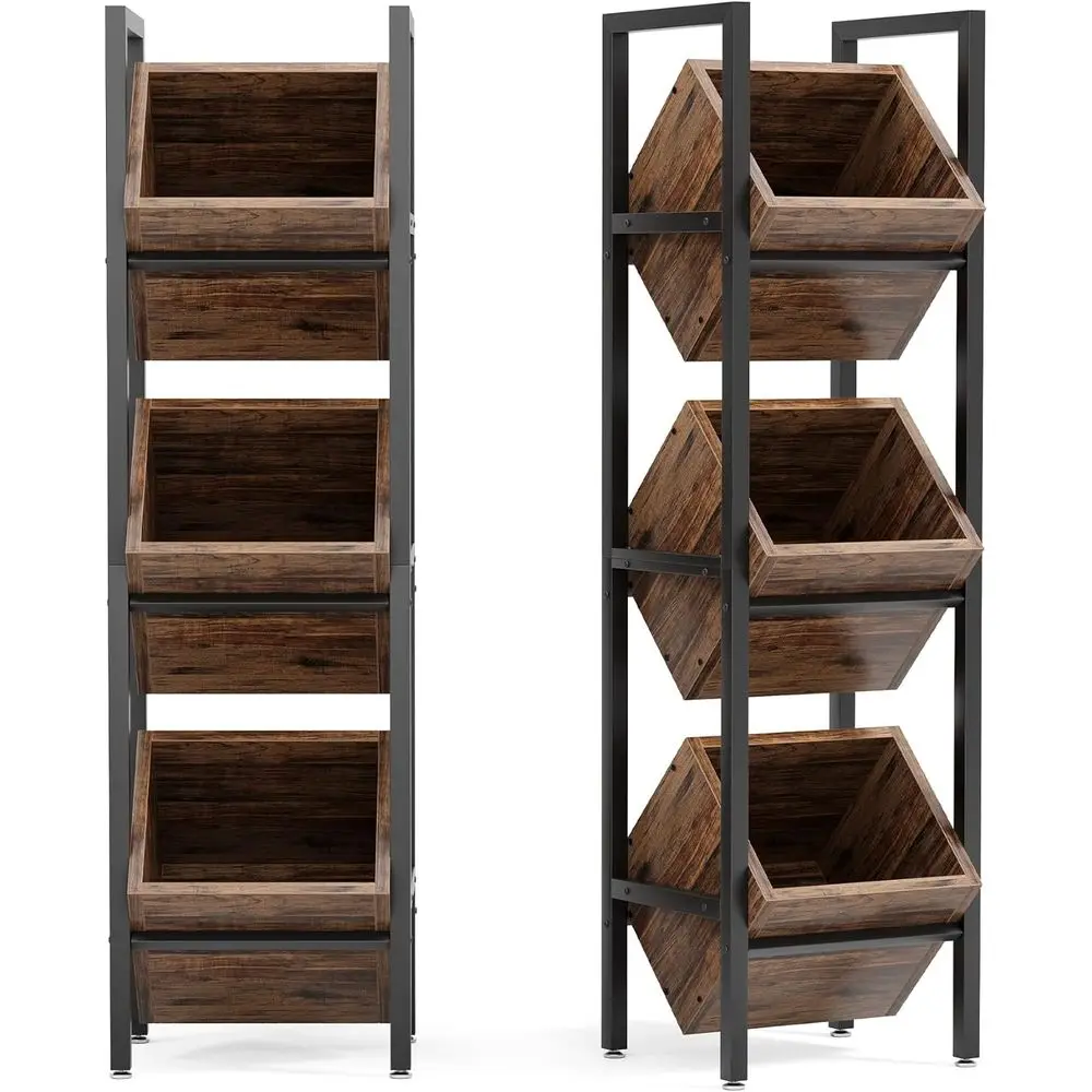 Rustic 3-Tier Wooden Floor Stand Organizer, Storage Rack for Kitchen, Bathroom, Living Room (Rustic Brown)