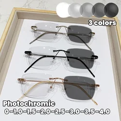 Occhiali che cambiano colore con bordo tagliato Occhiali fotocromatici alla moda anti luce blu Occhiali miopia da uomo d'affari senza montatura